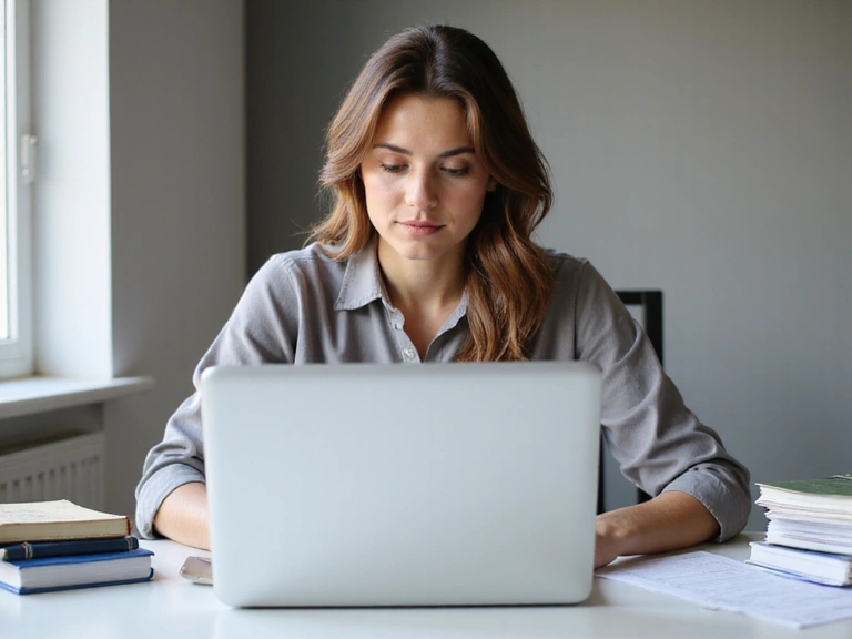 Nutritionist reviewing research papers at a desk with a laptop