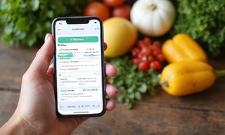 A hand holding a smartphone showing a healthy meal plan, with a variety of fresh ingredients in the background, symbolizing practical and easy-to-follow advice.