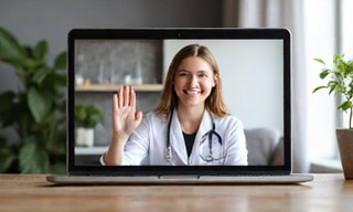 A friendly nutritionist smiling and waving during a virtual consultation on a laptop screen, symbolizing easy access to expert advice from home.