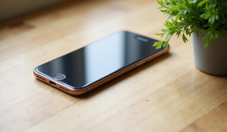 A minimalist image of communication tools in a natural setting: a smartphone on a wooden surface next to a small plant, with soft light, symbolizing easy communication.