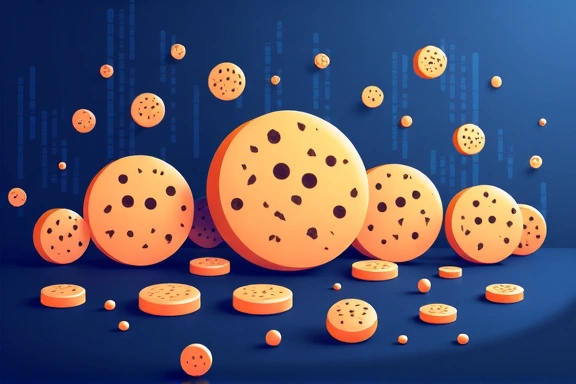 Illustration of various cookies in different shapes and sizes on a digital background, symbolizing data and privacy.