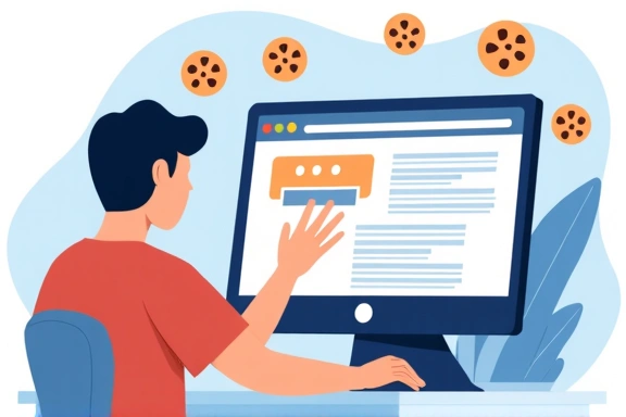 Illustration of a person interacting with a web browser, with cookie icons floating around, representing website functionality and user experience.