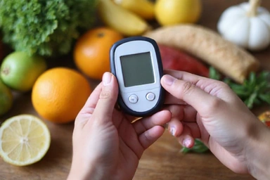 A person checking their blood sugar with a glucometer, with healthy food in the background